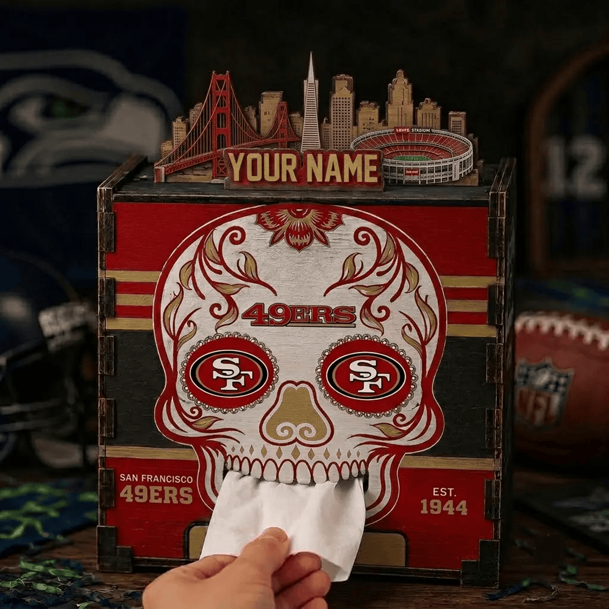SF x NFL Personalized Wooden Tissue Box – Custom Name Gift