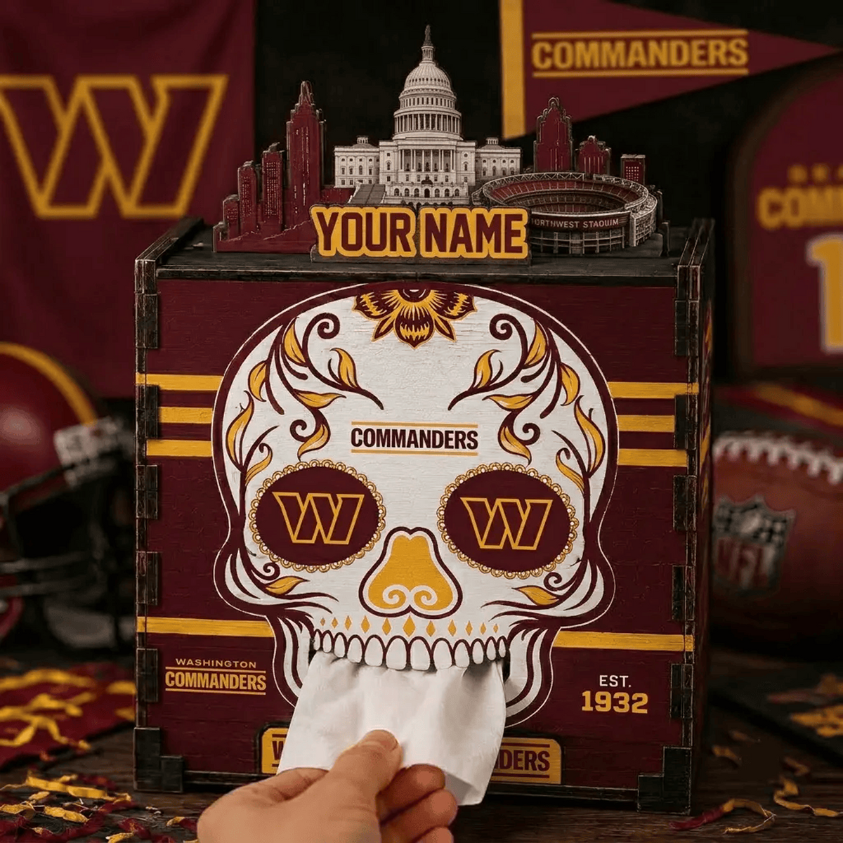 WAS x NFL Personalized Wooden Tissue Box – Custom Name Gift