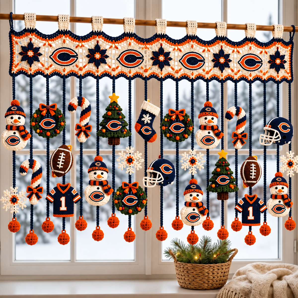 CHI x NFL Christmas Crochet Window Valance – Football Snowman Wreath Holiday Decor