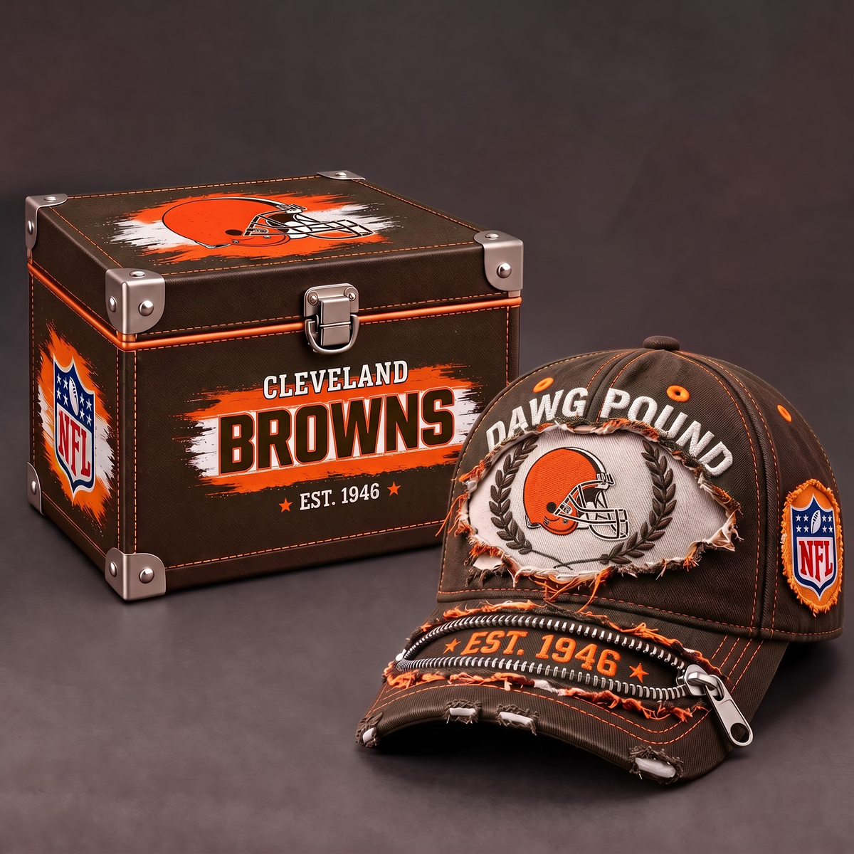 CLE x 1-of-1 NFL Distressed Zipper Cap With Gift Box