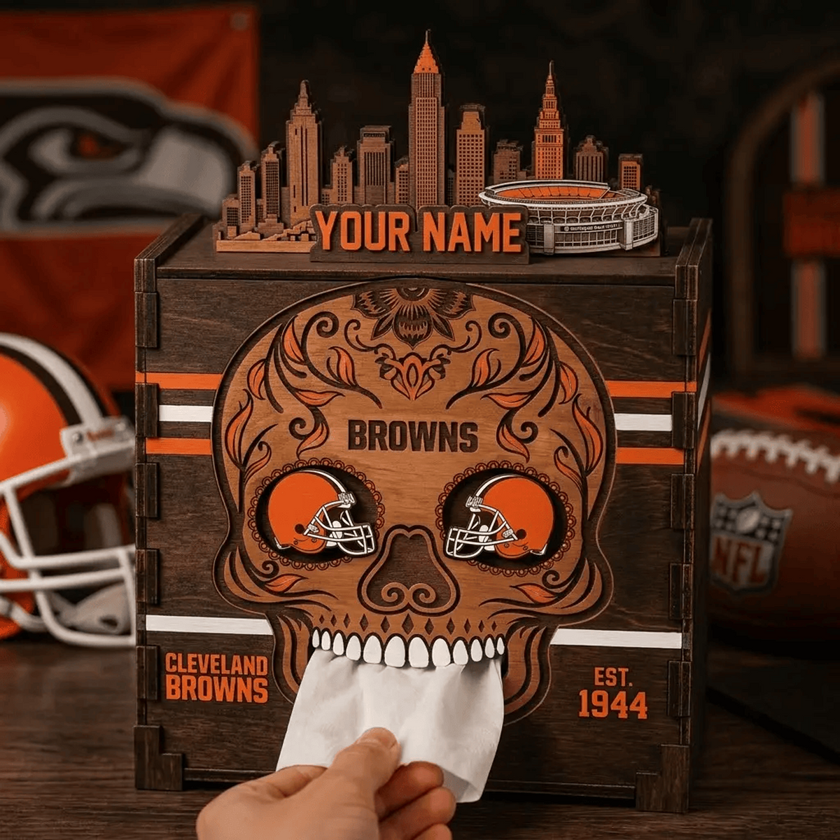 CLE x NFL Personalized Wooden Tissue Box – Custom Name Gift