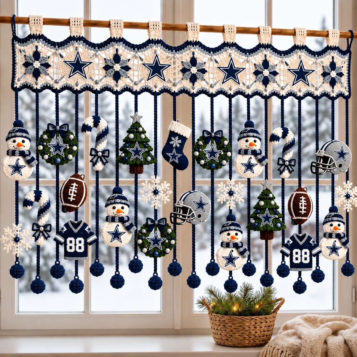 DAL x NFL Christmas Crochet Window Valance – Football Snowman Wreath Holiday Decor