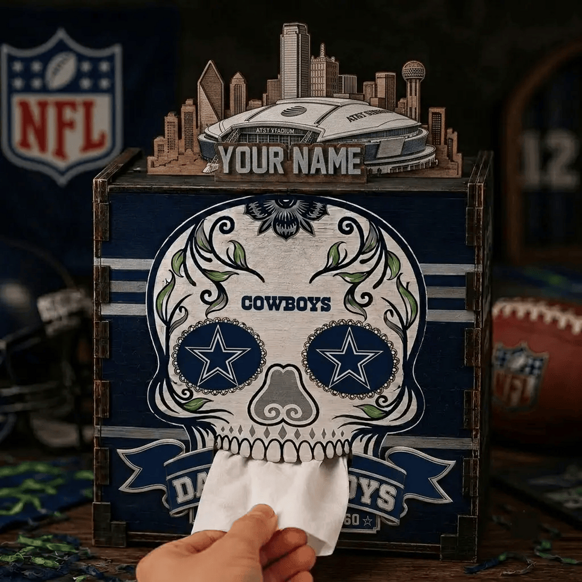 DAL x NFL Personalized Wooden Tissue Box – Custom Name Gift