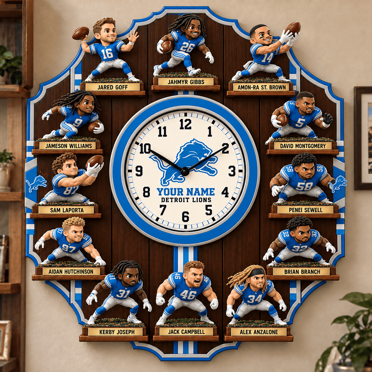 DET X NFL Famous Players Custom Any Name Acrylic Wall Clock For Home Decor