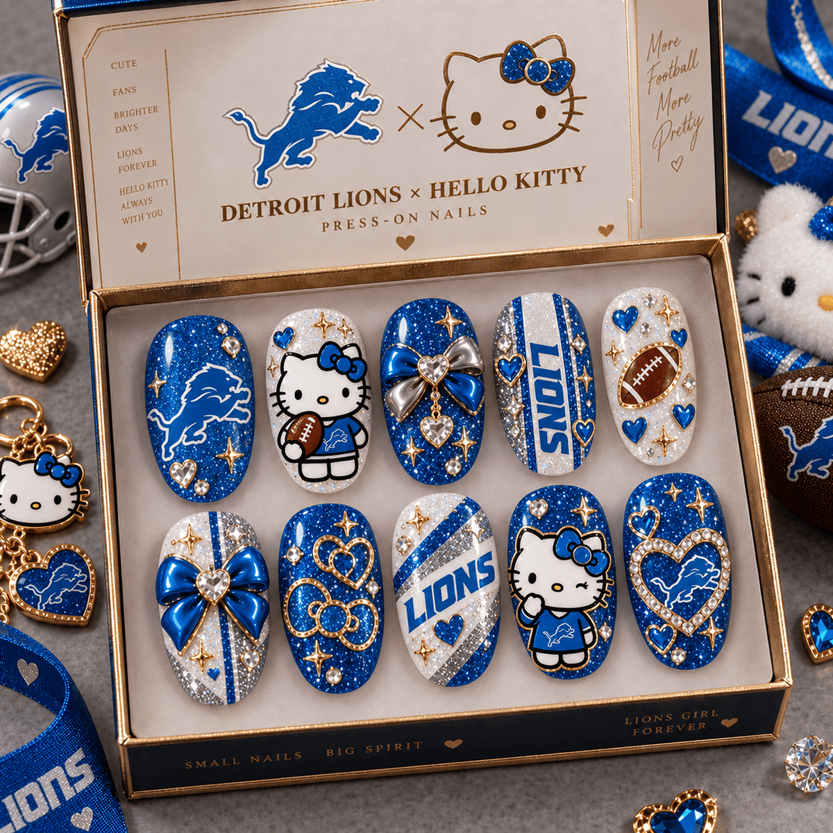 DET X Premium NFL Hello Kitty Bow Glam Press-On Nails Football Fan