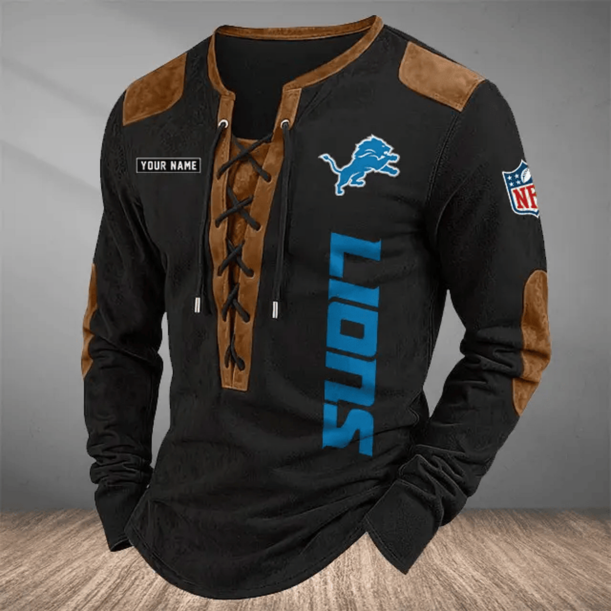 DET x NFL Custom Name Vintage Henley Long Sleeve Shirt