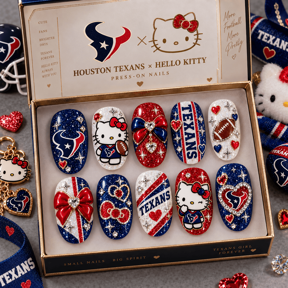 HOU X Premium NFL Hello Kitty Bow Glam Press-On Nails Football Fan