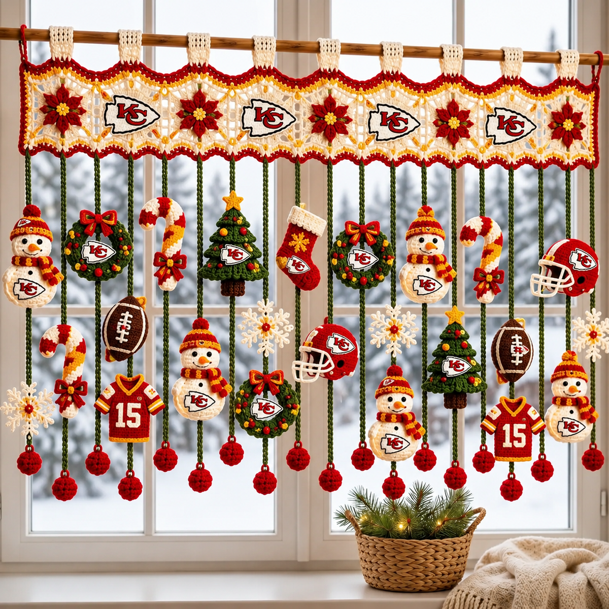 KC x NFL Christmas Crochet Window Valance – Football Snowman Wreath Holiday Decor