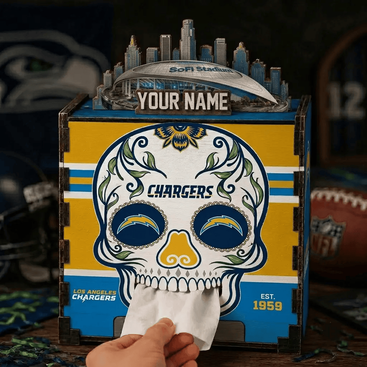 LAC x NFL Personalized Wooden Tissue Box – Custom Name Gift