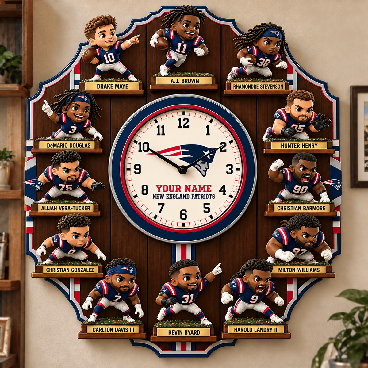 NE X NFL Famous Players Custom Any Name Acrylic Wall Clock For Home Decor