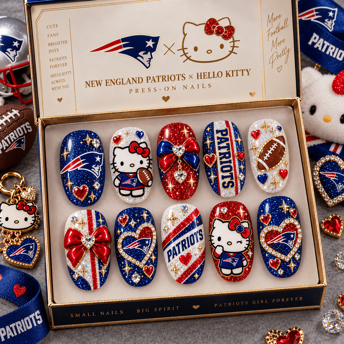 NE X Premium NFL Hello Kitty Bow Glam Press-On Nails Football Fan