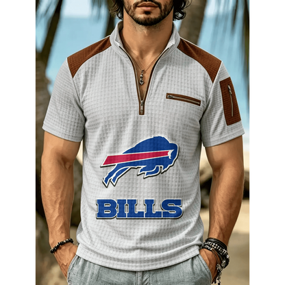 NFL x BUF Men's Quarter Zip Waffle Knit Polo Shirt