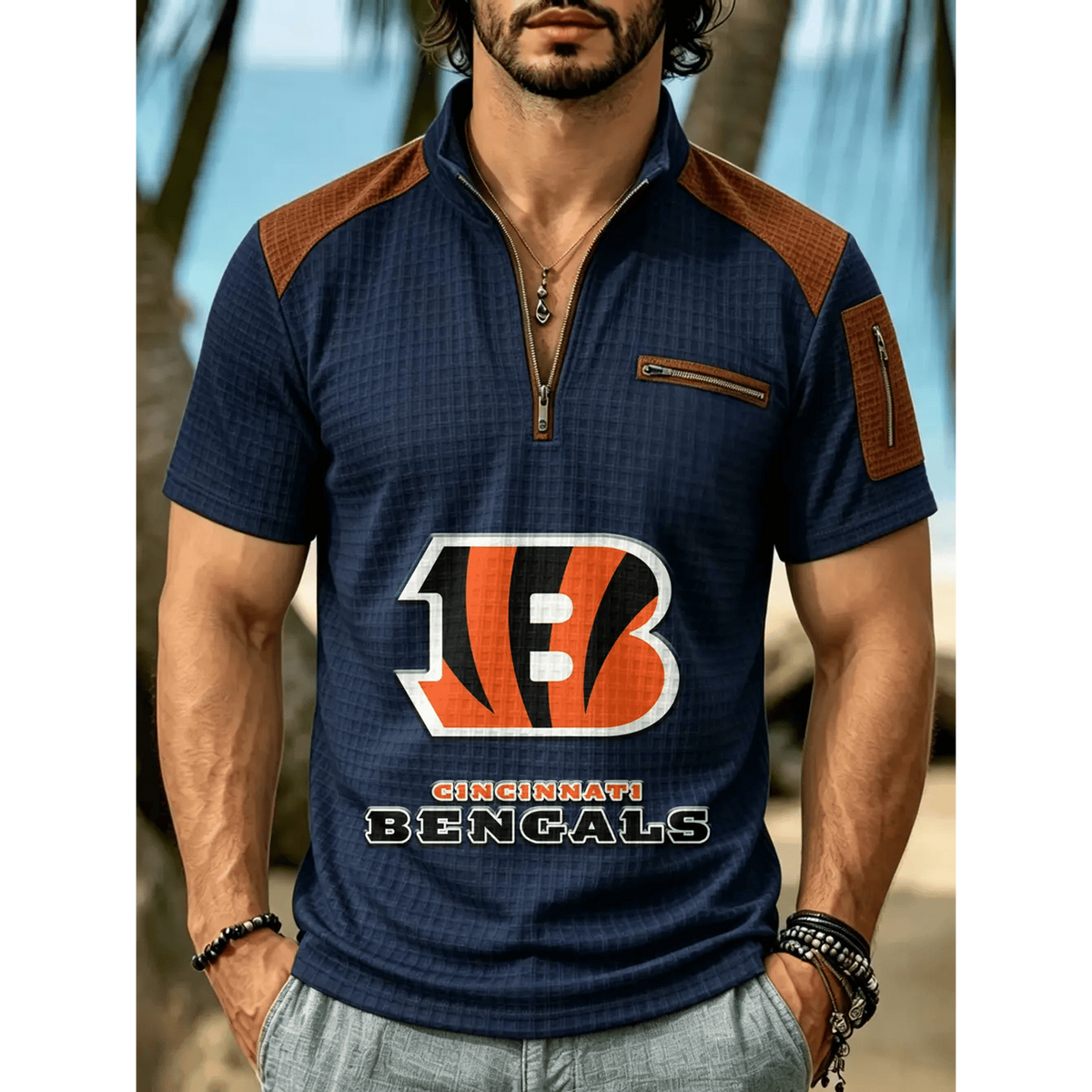 NFL x CIN Men's Quarter Zip Waffle Knit Polo Shirt