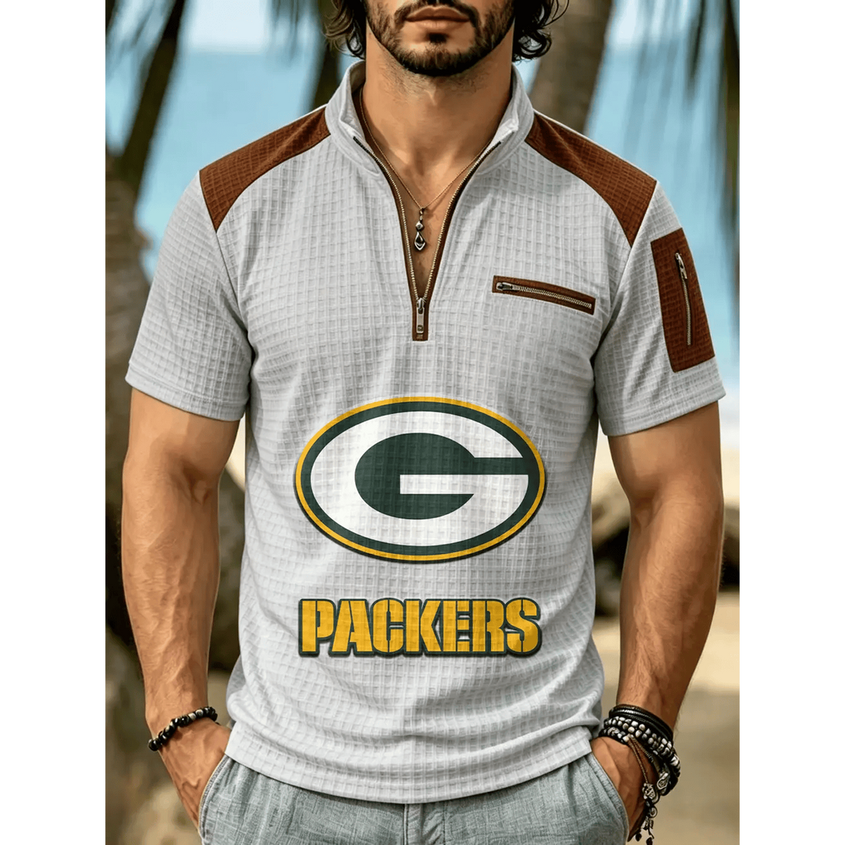 NFL x GB Men's Quarter Zip Waffle Knit Polo Shirt