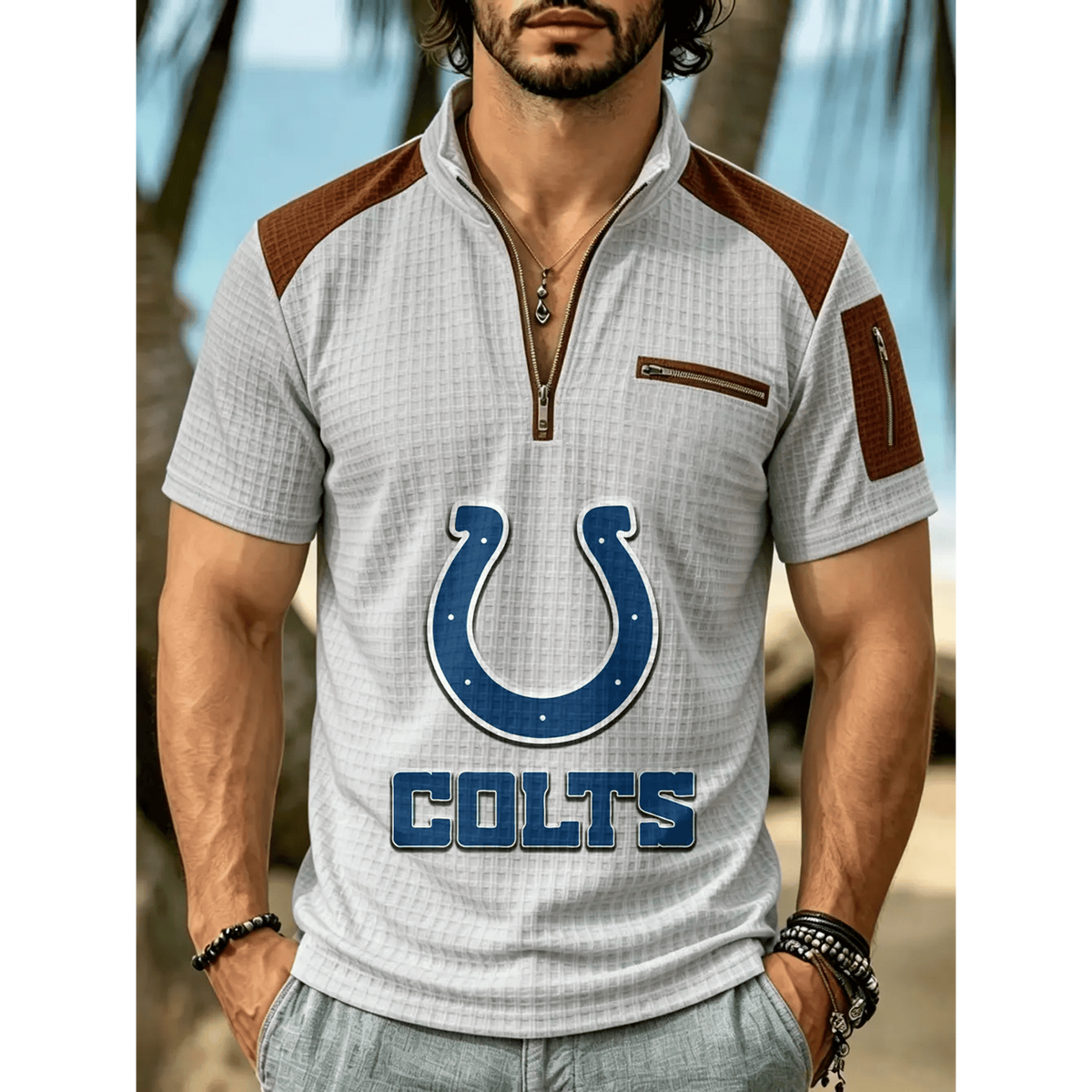 NFL x IND Men's Quarter Zip Waffle Knit Polo Shirt