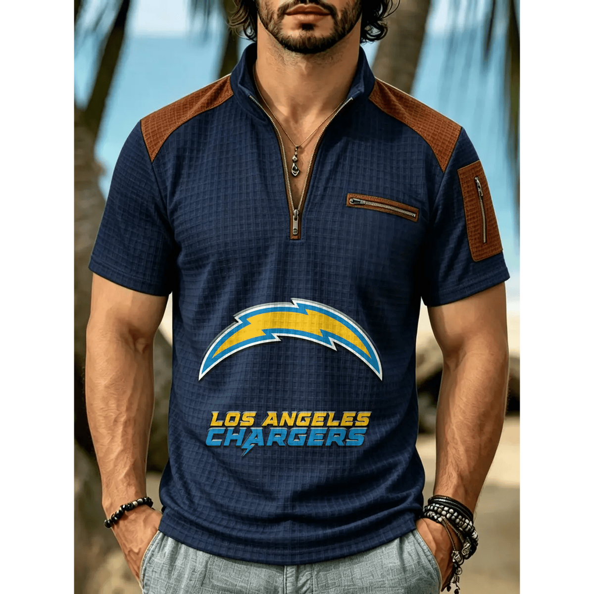 NFL x LAC Men's Quarter Zip Waffle Knit Polo Shirt