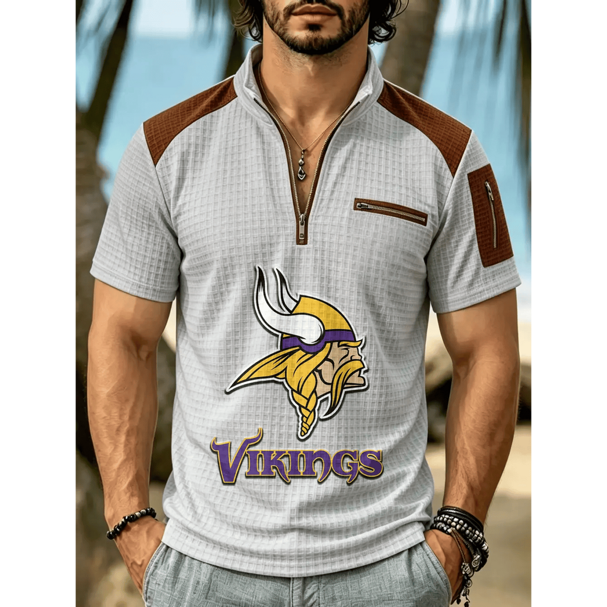NFL x MIN Men's Quarter Zip Waffle Knit Polo Shirt