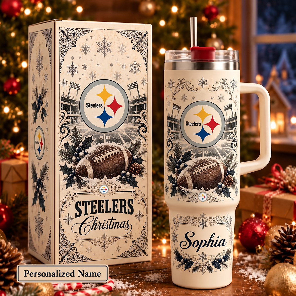 NFL x PIT Christmas Personalized 40oz Tumbler With Straw