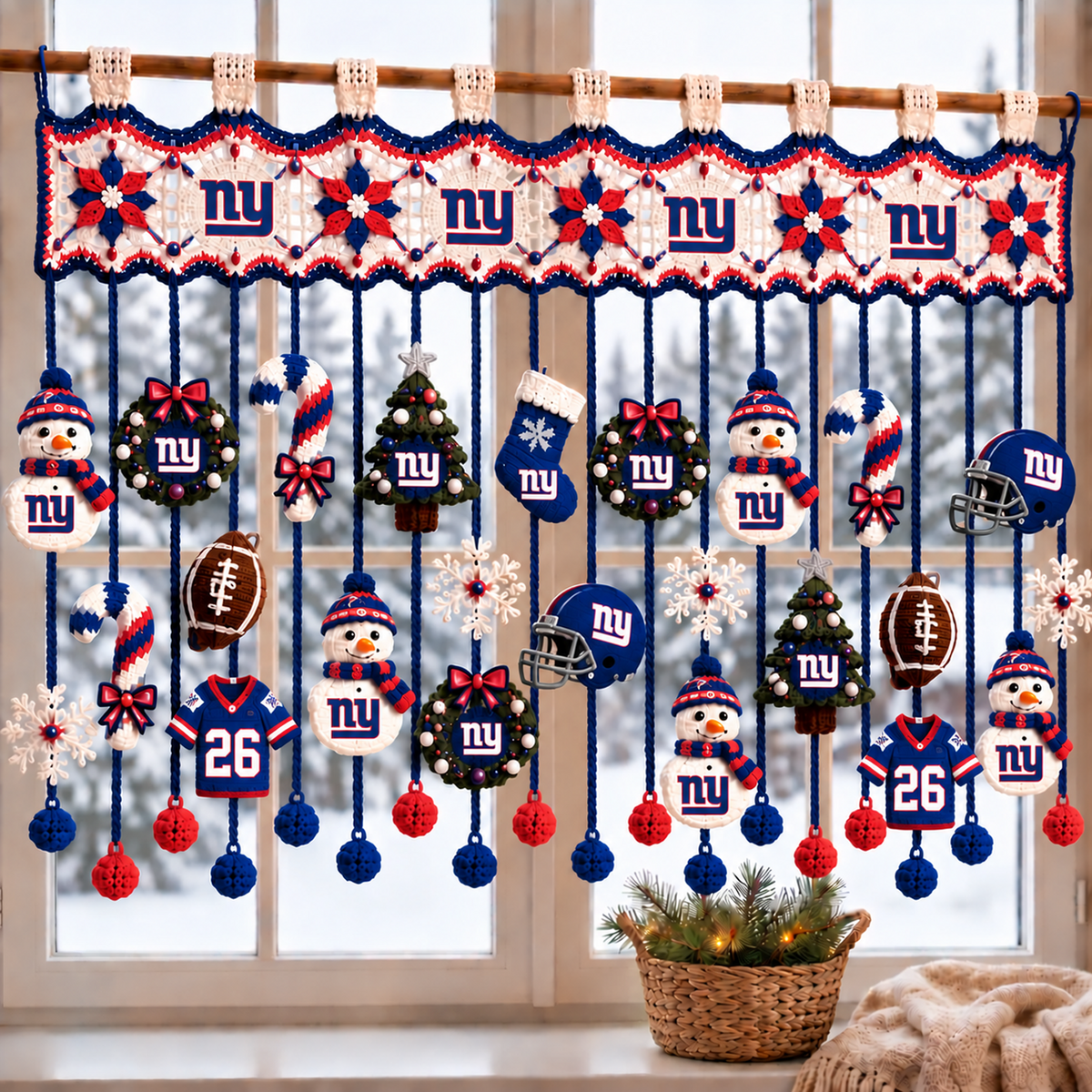 NYG x NFL Christmas Crochet Window Valance – Football Snowman Wreath Holiday Decor