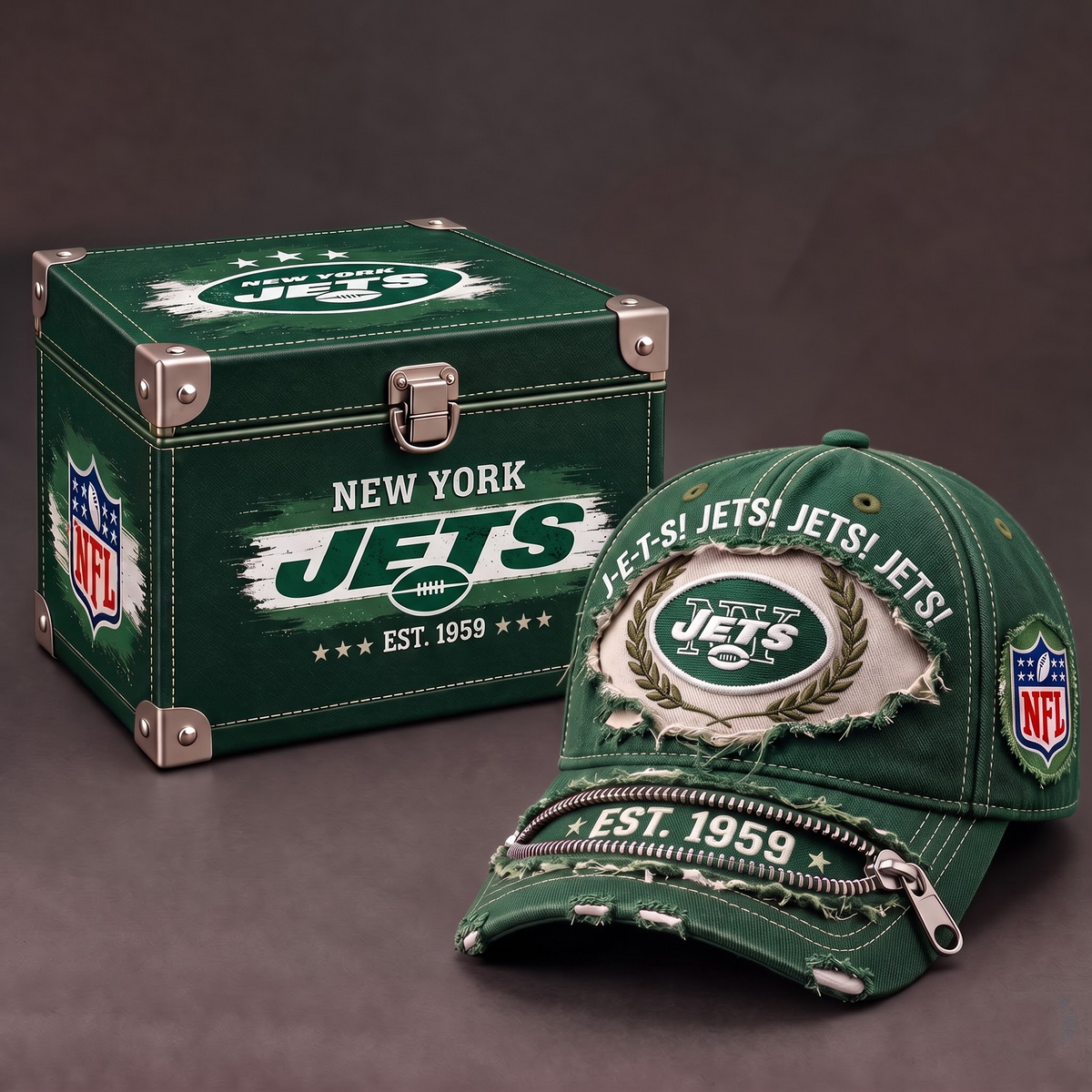 NYJ x 1-of-1 NFL Distressed Zipper Cap With Gift Box