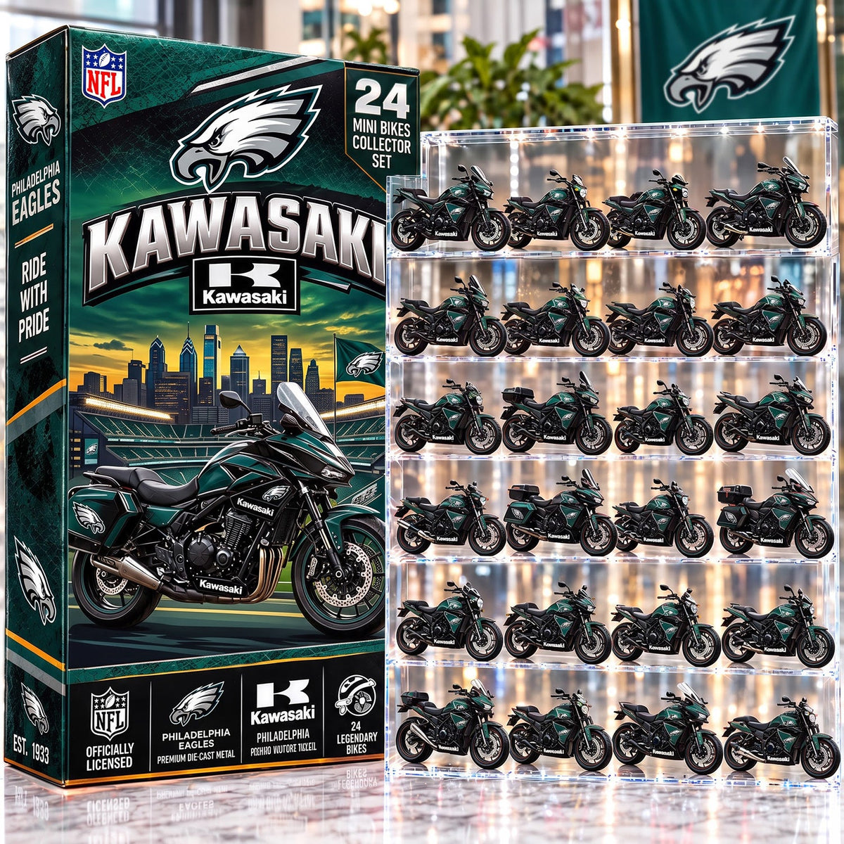 OFFICIAL KAWASAKI X PREMIUM NFL PHI 24DAYS ADVENT CALENDER AMAZING TRIP RACING MOTOR FOR FAN LIMITED EDITION