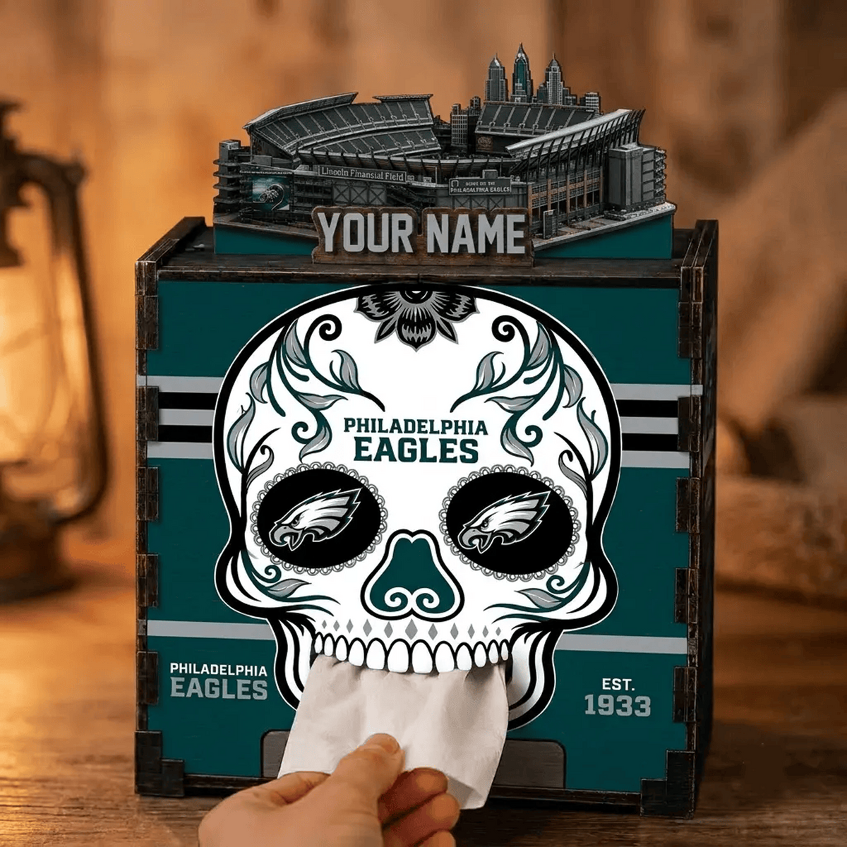 PHI x NFL Personalized Wooden Tissue Box – Custom Name Gift