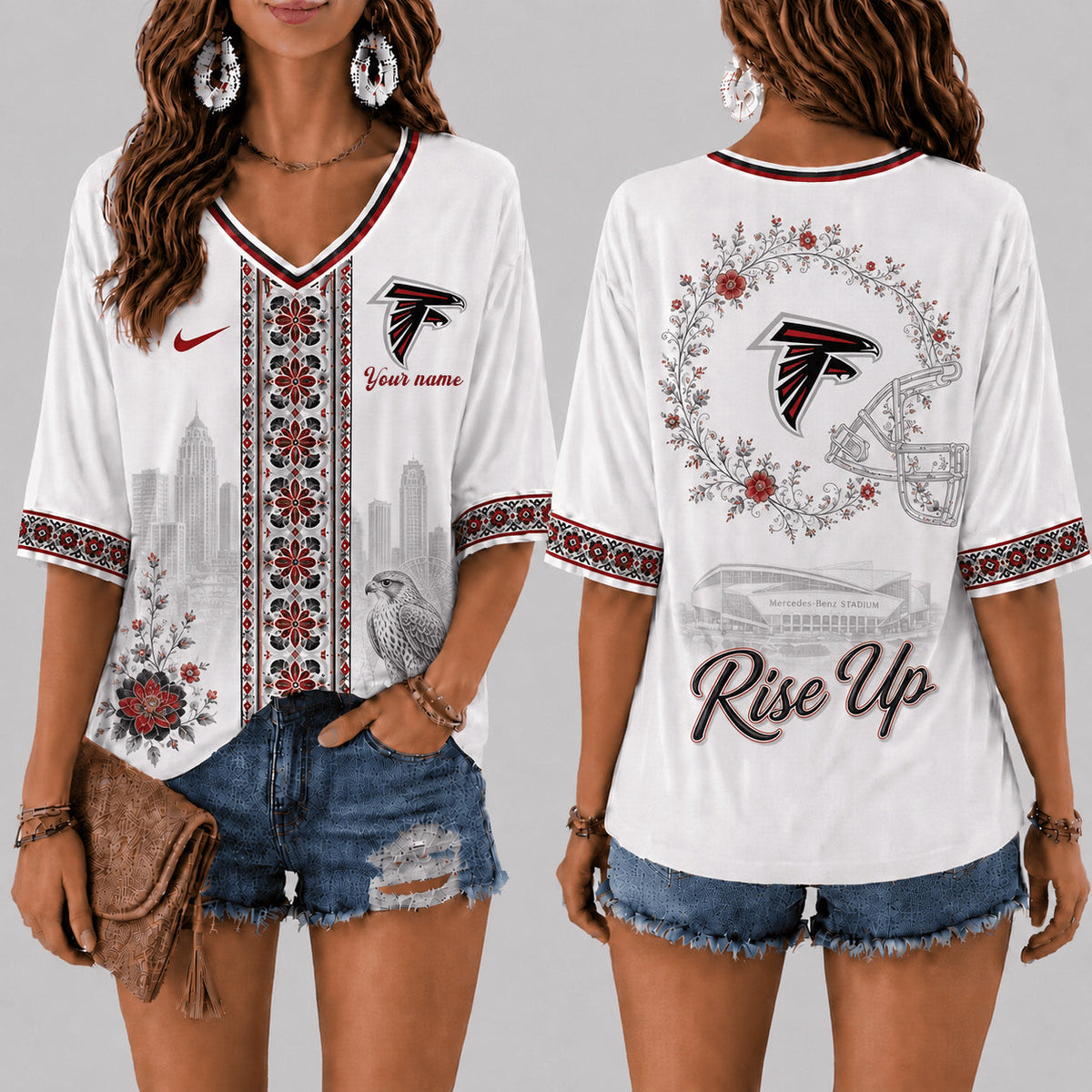 PREMIUM NFL X ATL EXCLUSIVE PERSONALIZED Women‘s Floral V-neck Shirt LIMITED EDITION