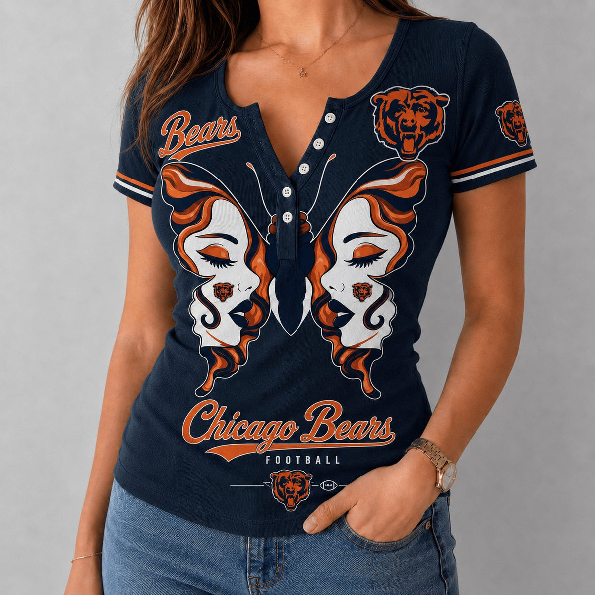 PREMIUM NFL X CHI EXCLUSIVE Butterfly Wings Button V-Neck Shirt Limited Edition