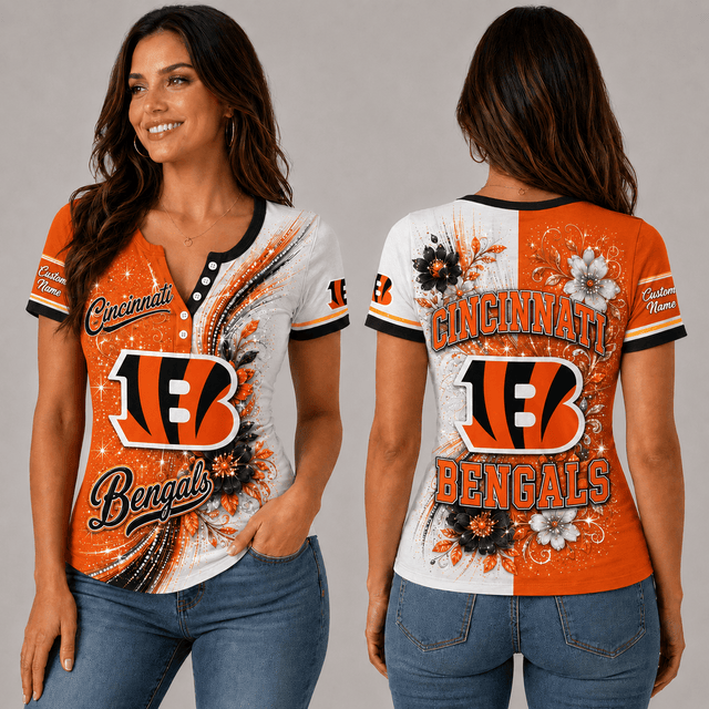 PREMIUM NFL X CIN EXCLUSIVE  Personalized FLORAL  Women’s Button V-Neck Shirt Gifts For Fan - Limited Edition