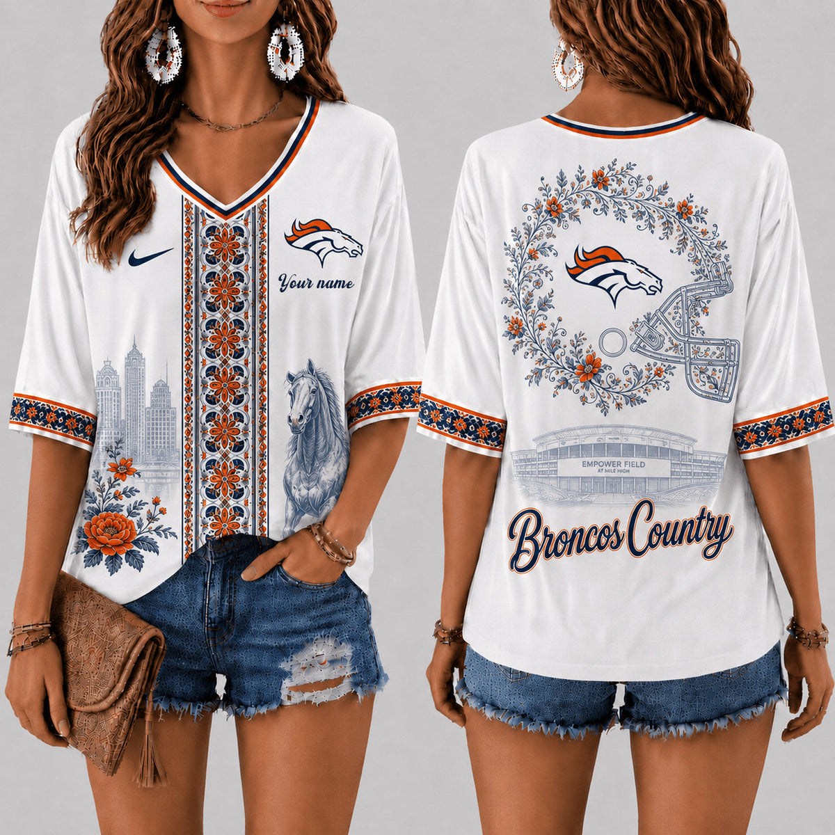 PREMIUM NFL X DEN EXCLUSIVE PERSONALIZED Women‘s Floral V-neck Shirt LIMITED EDITION