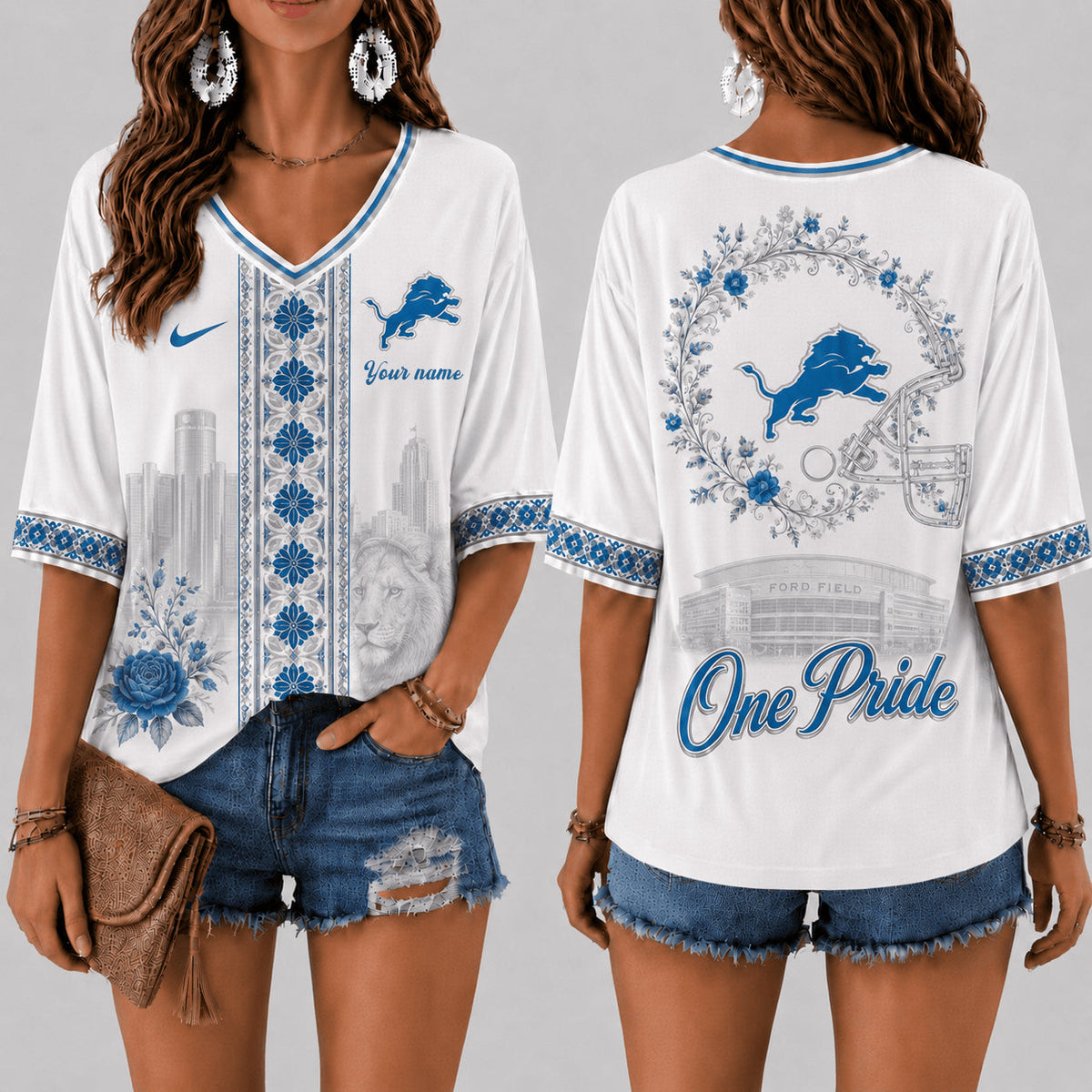 PREMIUM NFL X DET EXCLUSIVE PERSONALIZED Women‘s Floral V-neck Shirt LIMITED EDITION