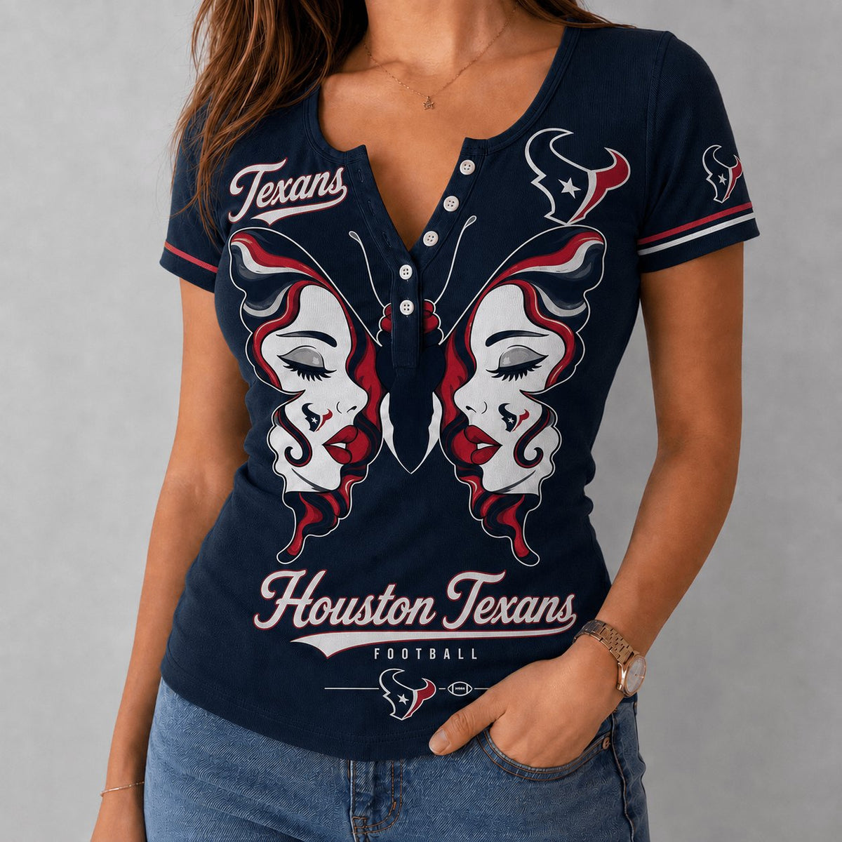 PREMIUM NFL X HOU EXCLUSIVE Butterfly Wings Button V-Neck Shirt Limited Edition
