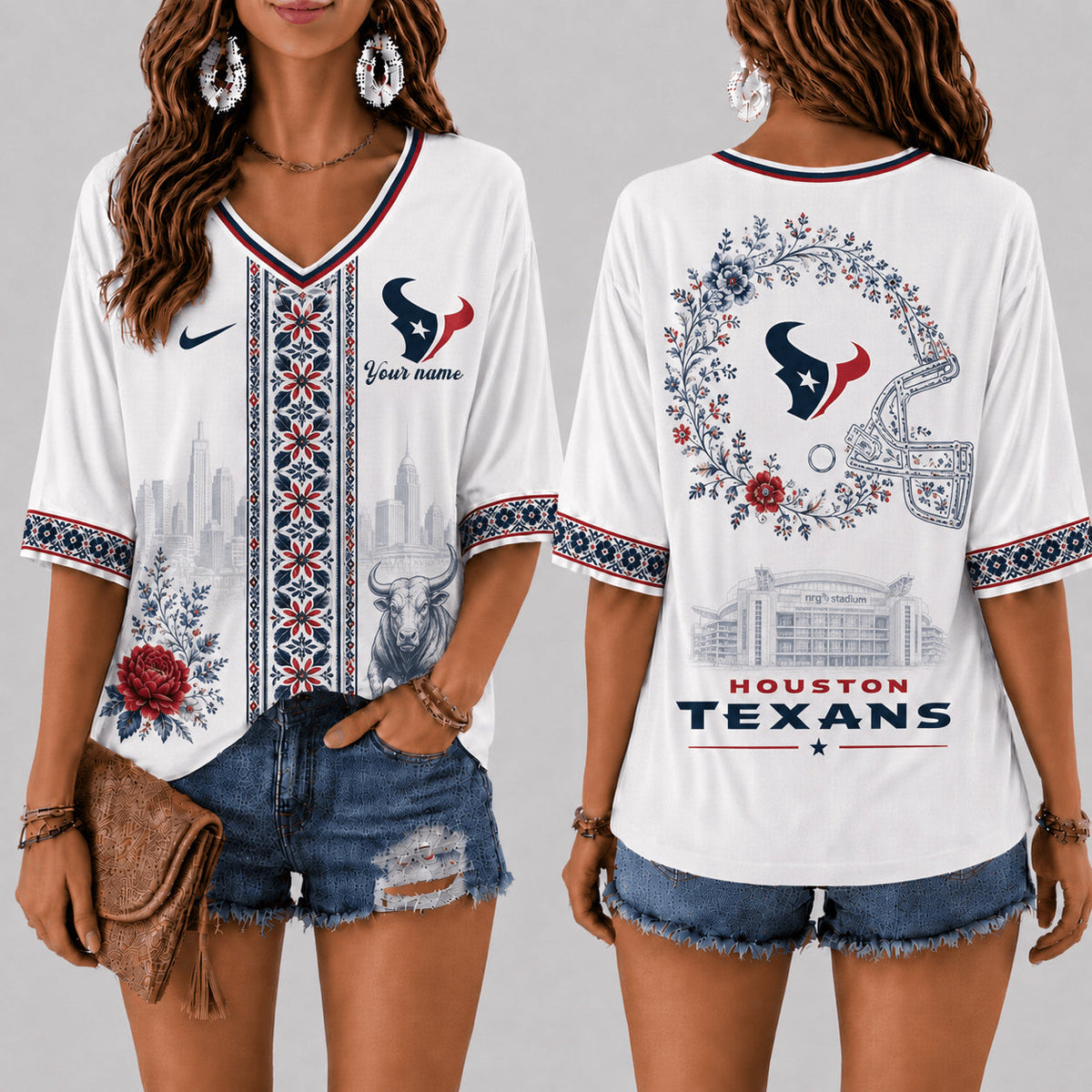 PREMIUM NFL X HOU EXCLUSIVE PERSONALIZED Women‘s Floral V-neck Shirt LIMITED EDITION