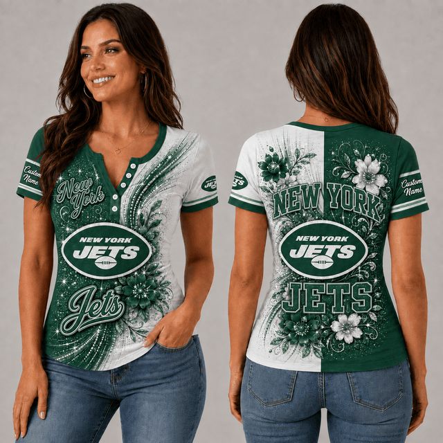 PREMIUM NFL X NYJ EXCLUSIVE  Personalized FLORAL  Women’s Button V-Neck Shirt Gifts For Fan - Limited Edition