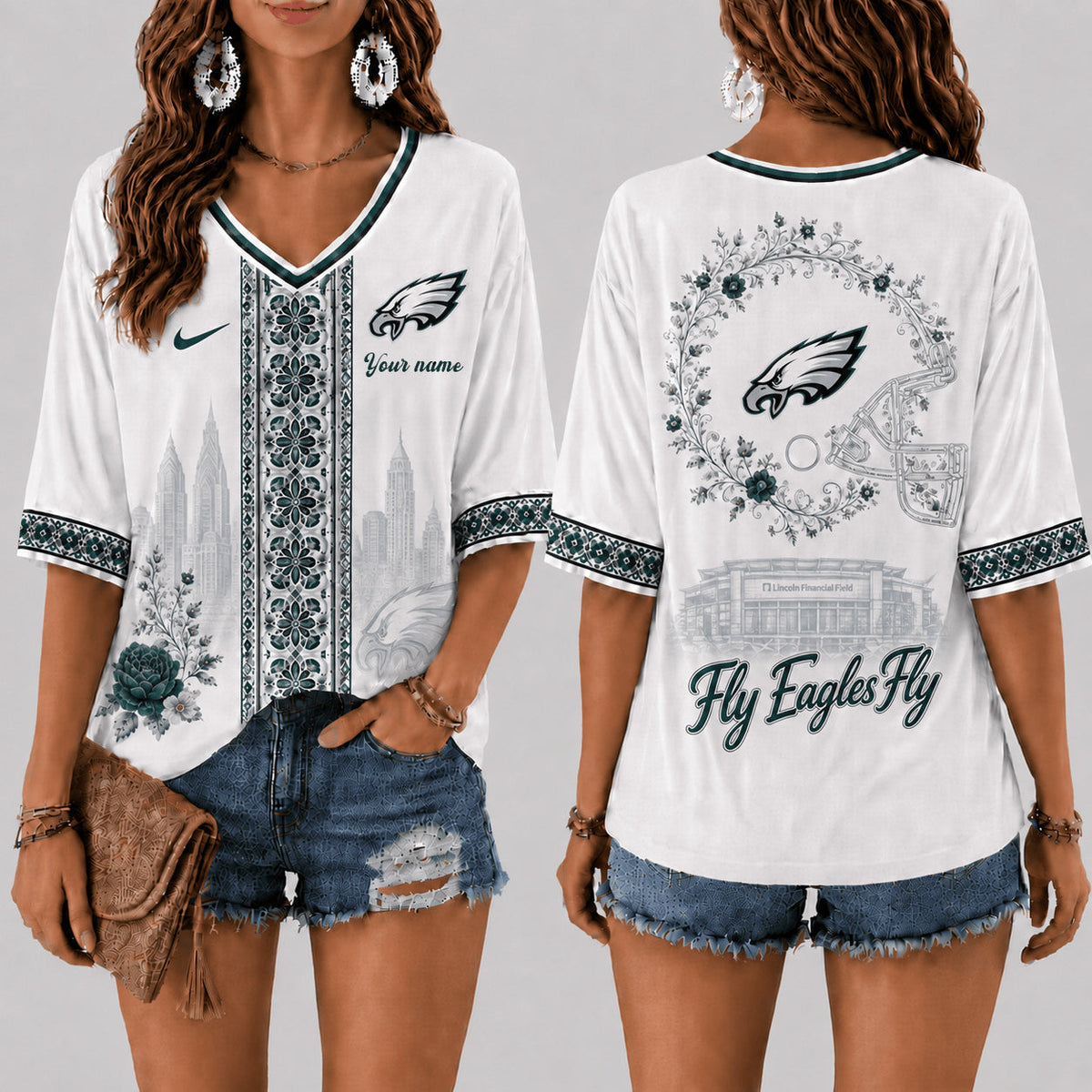 PREMIUM NFL X PHI EXCLUSIVE PERSONALIZED Women‘s Floral V-neck Shirt LIMITED EDITION