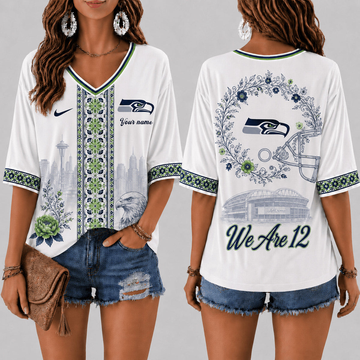 PREMIUM NFL X SEA EXCLUSIVE PERSONALIZED Women‘s Floral V-neck Shirt LIMITED EDITION