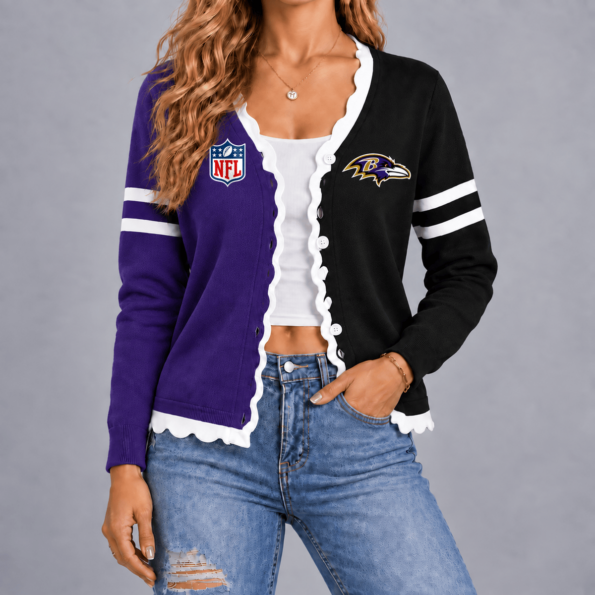 Premium NFL x BAL Varsity Stripe Button Cardigan