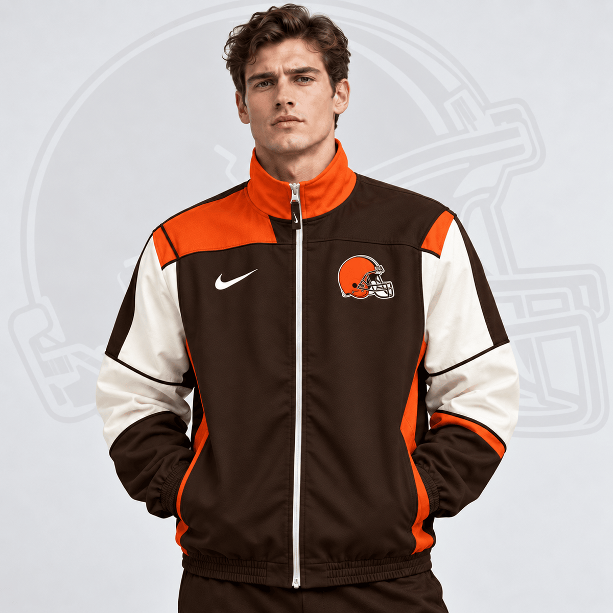 Premium NFL x CLE Team Crest Retro Color Block Full Zip Windbreaker Jacket