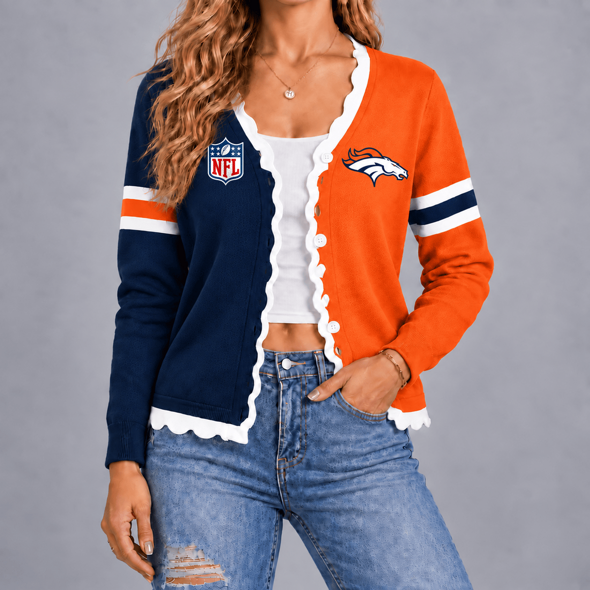 Premium NFL x DEN Varsity Stripe Button Cardigan