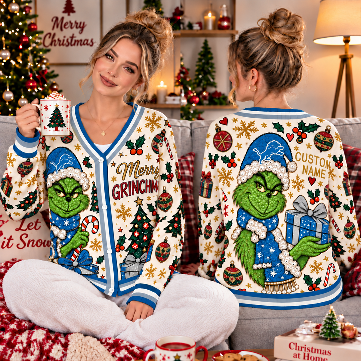 Premium NFL x DET Christmas Personalized Name Knitted Cardigan