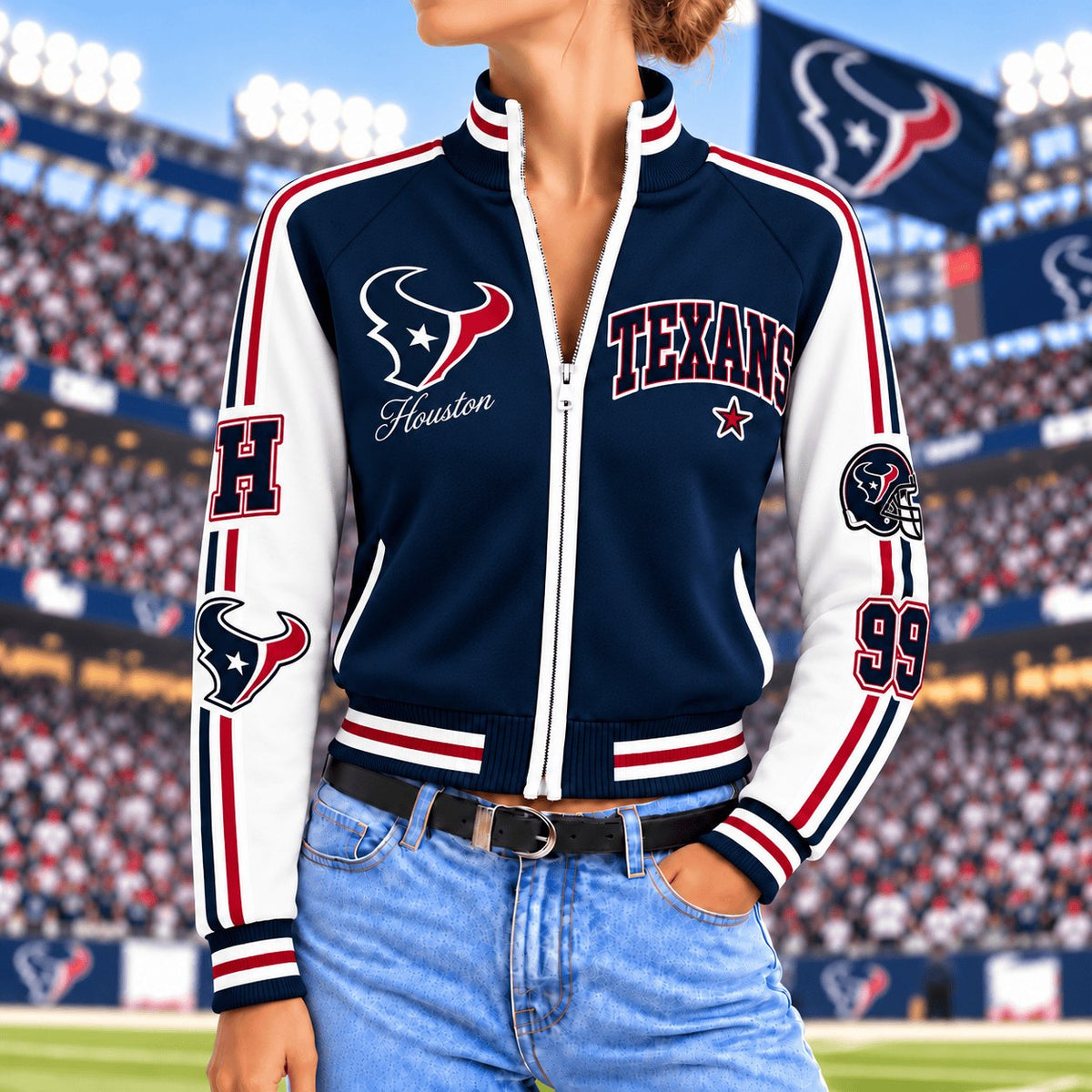 Premium NFL x HOU Exclusive Retro Game Day Mockneck Zipper Cardigan for Football Lovers