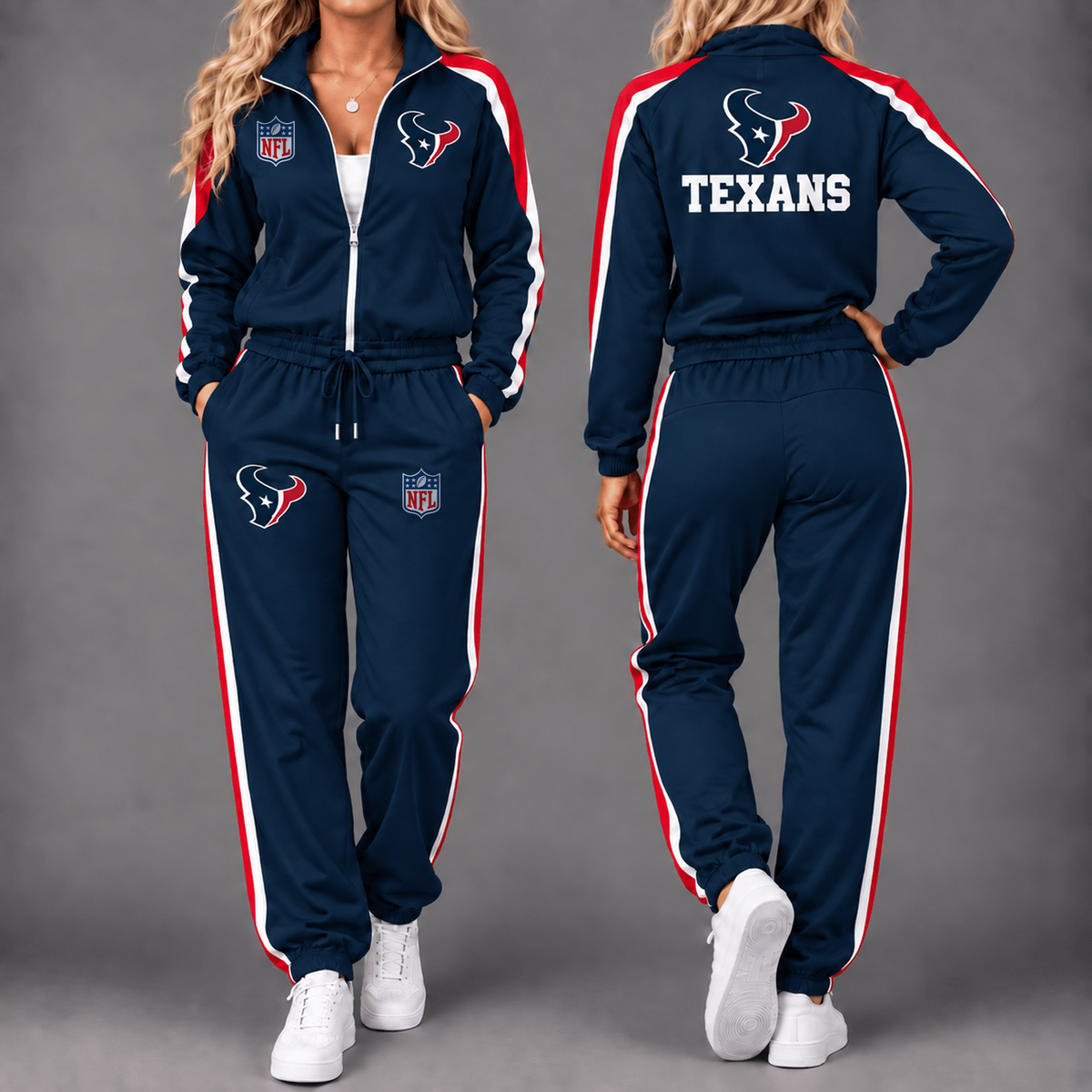 Premium NFL x HOU Game Day Waterproof Windbreaker Zip-Up Tracksuit Set