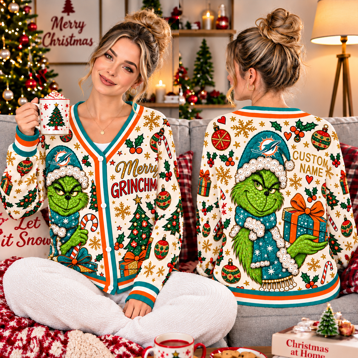 Premium NFL x MIA Christmas Personalized Name Knitted Cardigan