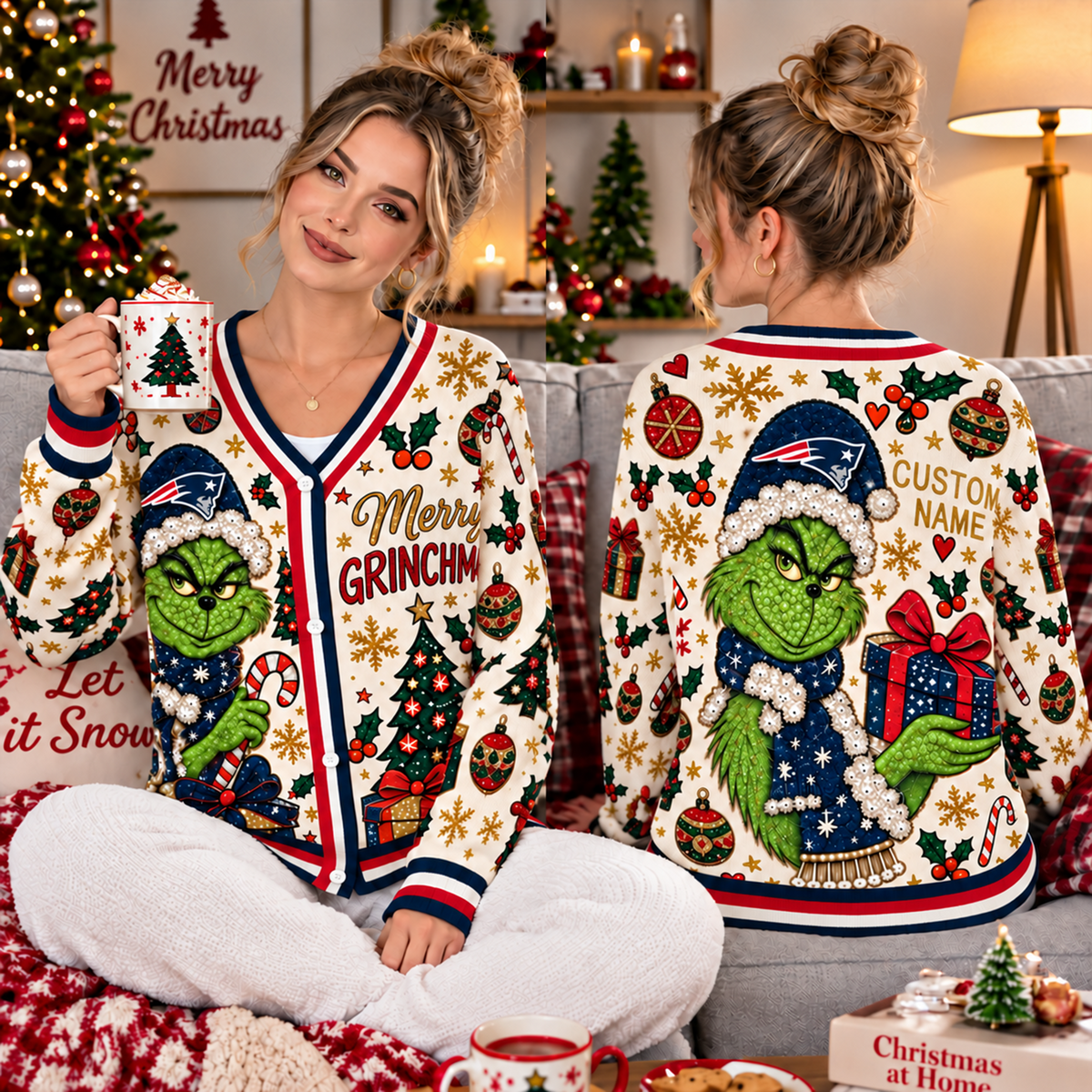 Premium NFL x NE Christmas Personalized Name Knitted Cardigan