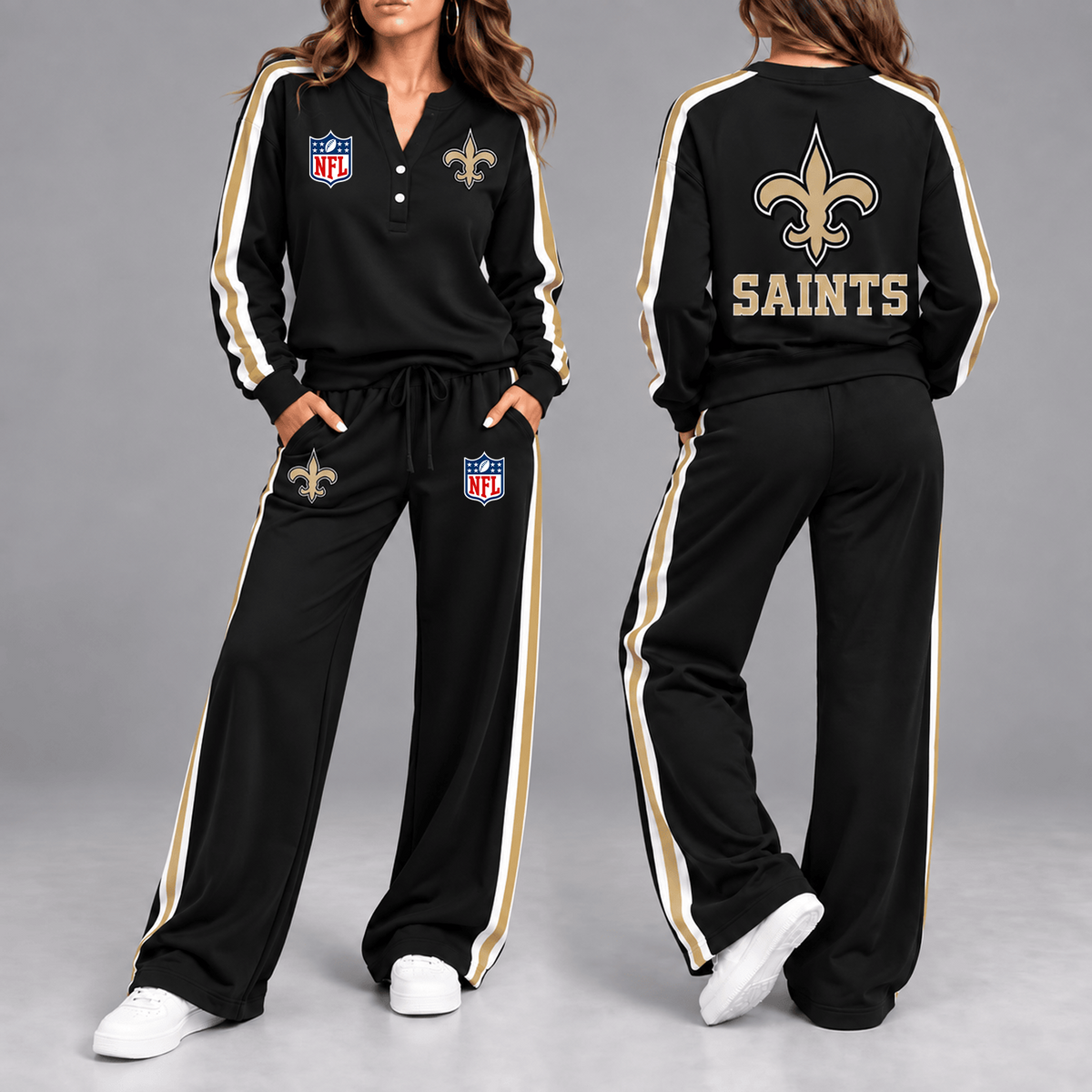 Premium NFL x NO Game Day Sporty Stripe Long Sleeve Pullover Top & Wide-Leg Pants Set