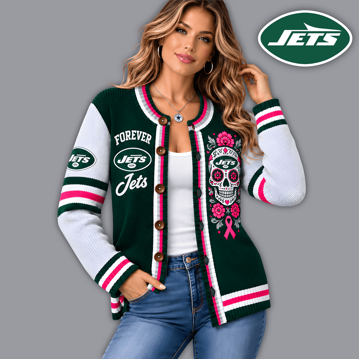 Premium NFL x NYJ Floral Skull Knit Cardigan