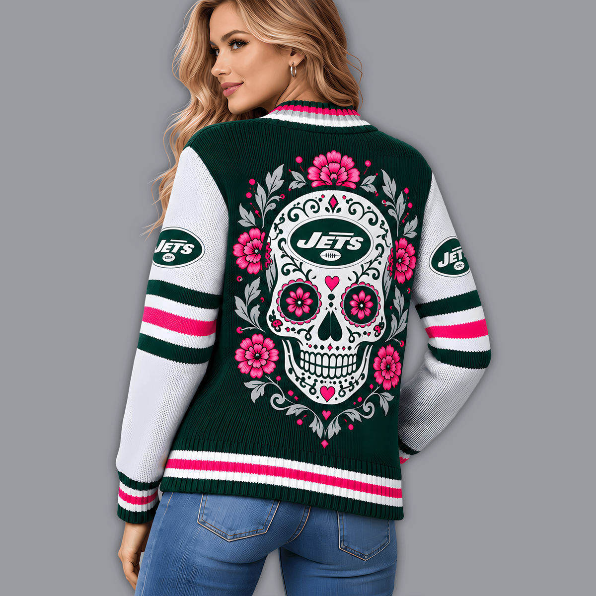 Premium NFL x NYJ Floral Skull Knit Cardigan