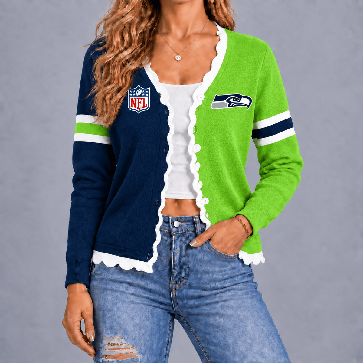 Premium NFL x SEA Varsity Stripe Button Cardigan