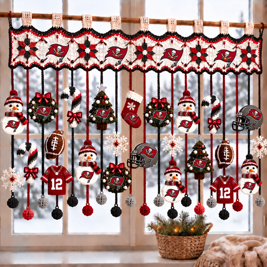 TB x NFL Christmas Crochet Window Valance – Football Snowman Wreath Holiday Decor