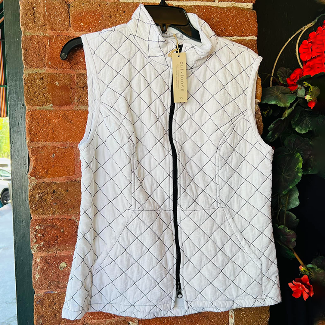 White Quilted Vest With Black Trim